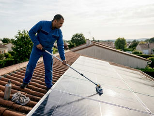 Un technicien procède au nettoyage d’un panneau solaire installé sur une toiture.