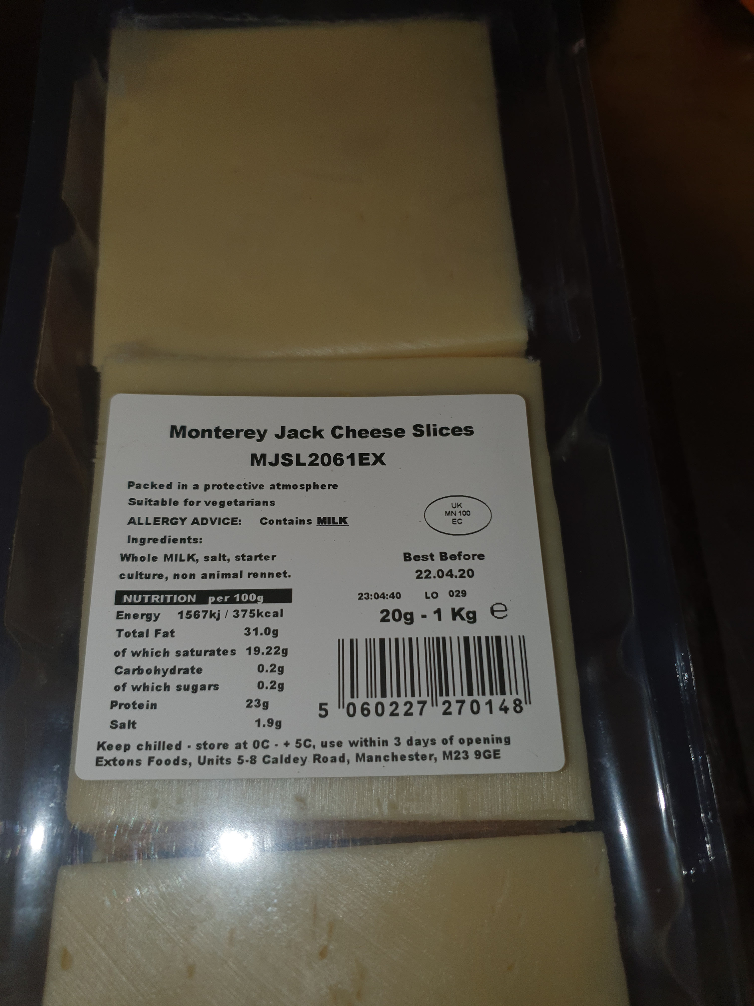 Monterey  Jack Slices x20 1Kg