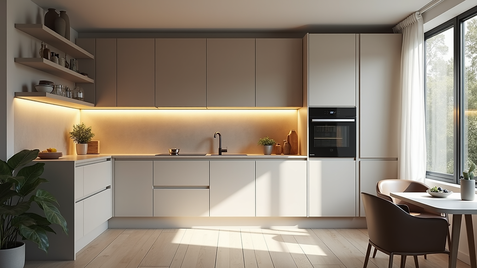Eye-level view of a modern kitchen featuring sleek custom cabinets