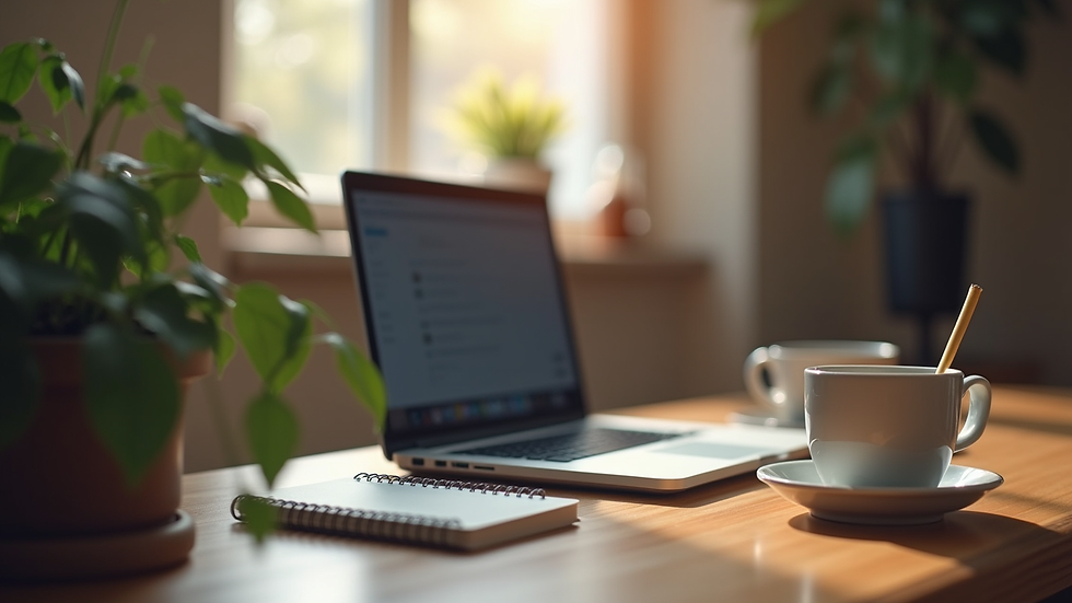 Eye-level view of a cozy home office with a laptop and a cup of coffee