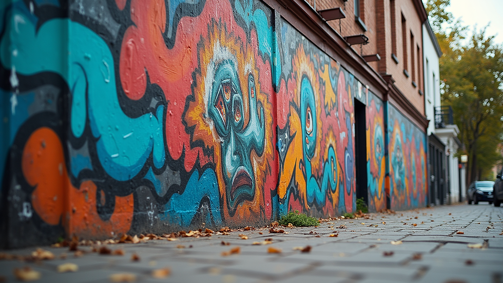 Eye-level view of a vibrant street mural showcasing artistic expression
