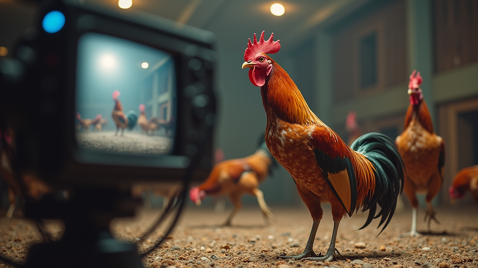Eye-level view of a live streaming setup for cockfighting