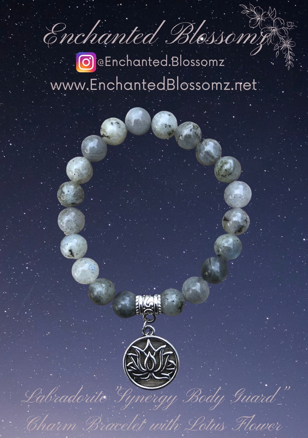Labradorite “Synergy Body Guard”Charm Bracelet with Lotus Flower