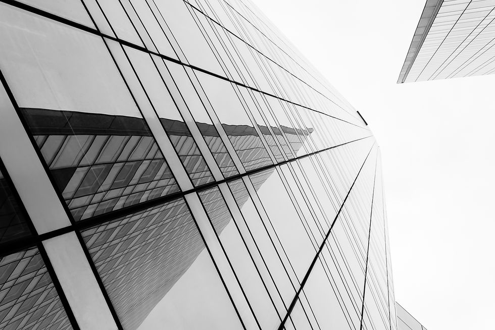 Glass surface of skyscrapers view in district of business centers with reflection on it, b