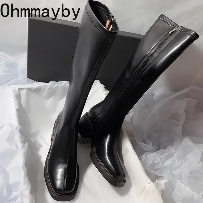 Miniatura: Vintage Thick Heel Women Knee High Boots Fashion Side Zippers Shoes Autumn Winte
