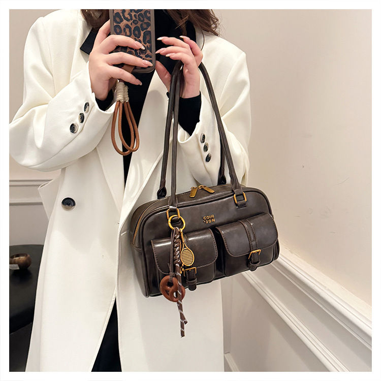 Miniatura: Women's Retro Solid Color Pu Leather Shoulder Bag with Multiple Pockets Large Ca