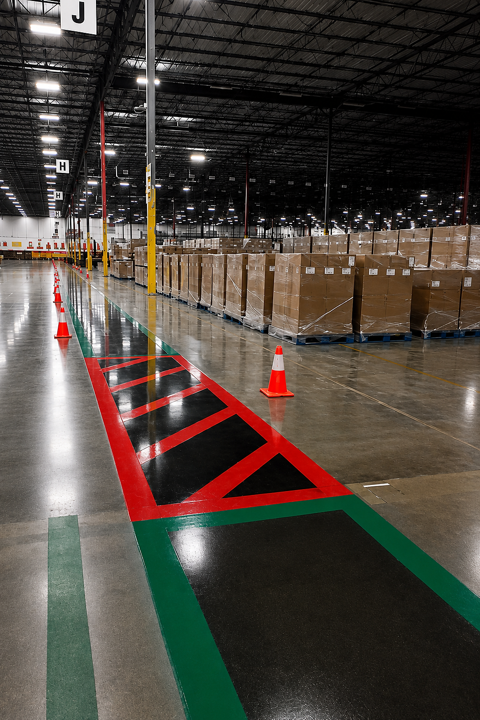 Industrial warehouse polished concrete floor with red and green safety striping and traffic lane markings by Surflex Systems.