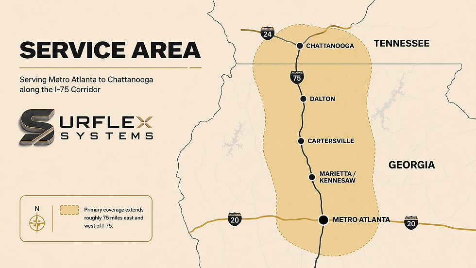 Surflex Systems service area map showing coverage along the I-75 corridor from Metro Atlanta to Chattanooga, including Marietta, Kennesaw, Cartersville, Dalton, and Chattanooga.