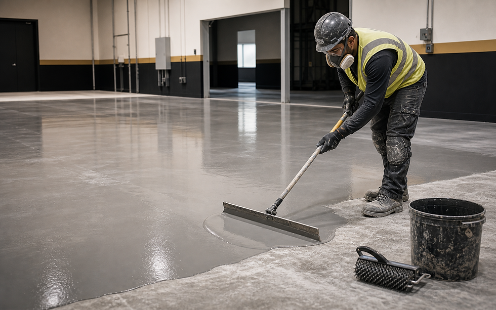Worker applying self-leveling concrete overlay to a commercial floor by Surflex Systems.
