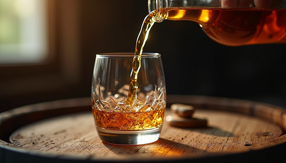 High angle view of whisky bottles displayed on wooden shelves