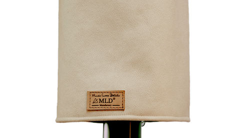 Picture of our handcrafted Loudspeaker Cover with leather touch in creme beige