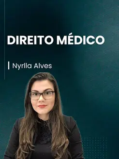 Banner do curso de Direito Médico, com a imagem da professora no canto inferior esquerdo, sorrindo levemente.