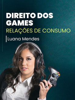 Banner do curso de Direito dos Games, com a imagem da professora no canto inferior esquerdo, séria.