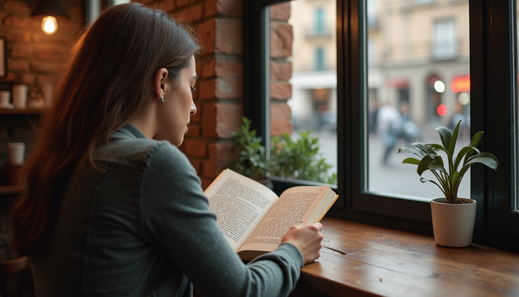 Eye-level view of a person reading a book titled "Christ Centered Healing of Trauma" in a quiet European café