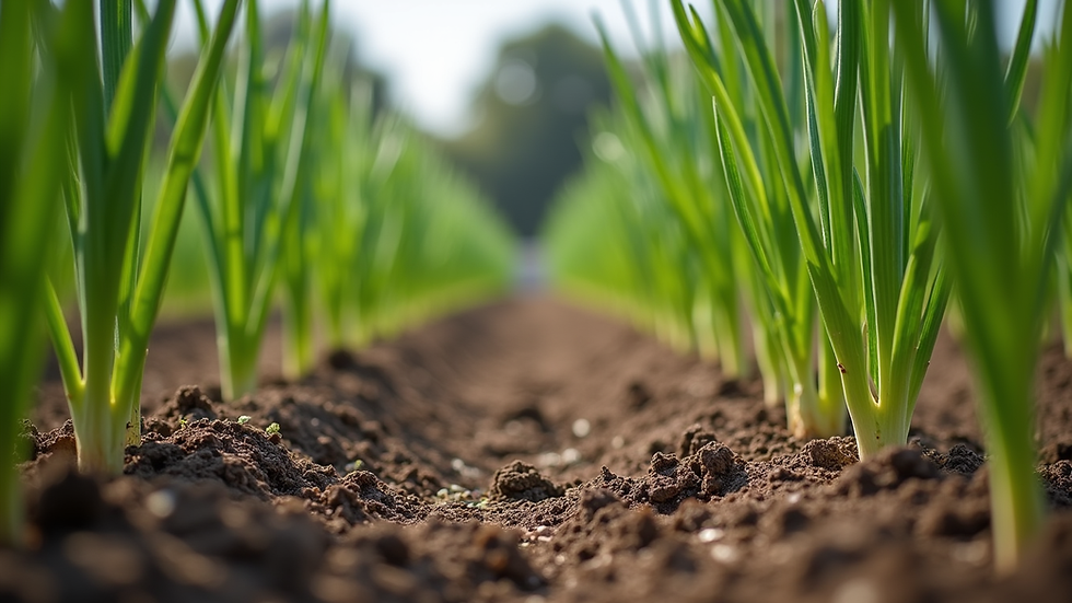 Eye-level view of a garden bed with rows of garlic plants growing