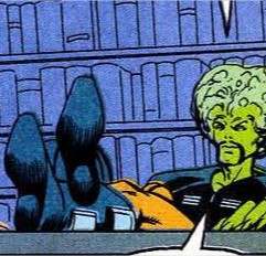 a comics panel of Sam sitting with his feet crossed on a table
