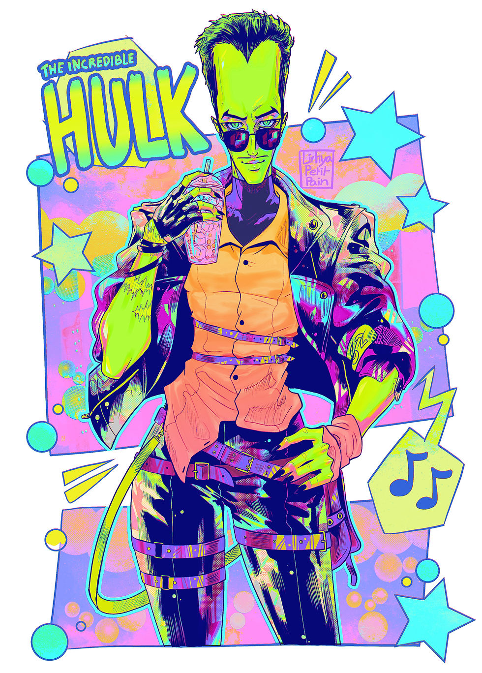 a fanart of Samuel Sterns holding a drink, dressed with a large leather coat, orange shirt, sunglasses and a few belts with the title "The Incredible Hulk" behind