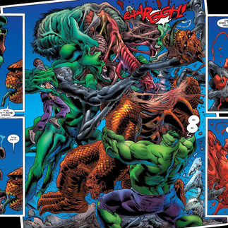 a comics page of a lovecraftian monster Sam beheading a Hulk while he reaps off his heart with his xenomorph-like head open in half and some alien arm coming through it (it escalated quickly yes)