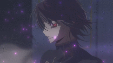 an animated gif of Lelouch with a cold smirk