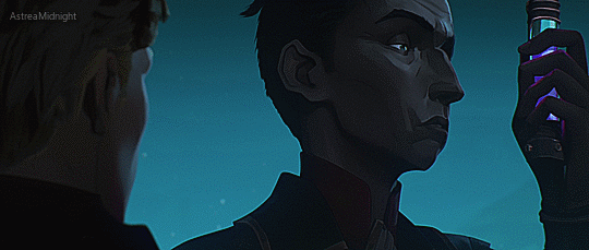 an animated gif of Silco getting really close to someone's face to talk