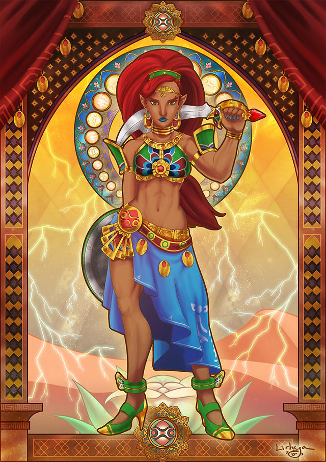 a fanart of Urbosa from Zelda Breath of the Wild. A gerudo (women living in the desert, taller, tanner skin, muscular) with long red hair and a sword. The background is kinda yellow/red/blue