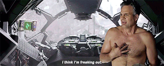 a gif of Thor Ragnarok showing Bruce Banner naked and saying "I think I'm freaking out"
