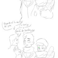 a sketch of Bruce holding Sam's arm with a smile while Sam seems very stoic holding two baguettes. A guy bump into Bruce, Sam's face doesn't change. The guy turns around and say "regarde où tu vas fils de pute" (watch out son of a bitch), Bruce answers "s-sorry" and the guy "enculé de touriste va" (motherfucking tourist), Sam's face still doesn't change. the guy suddently fall scream "ARG MON COEUR" (arg my heart) while Bruce says annoys "Sam stop...", Sam's face still doesn't change and he answers "killjoy"