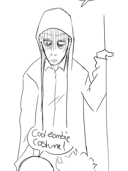 a sketch of Sam (Sterns) staring at them tired and annoyed while the Captain kid tells him "cool zombie costume!"