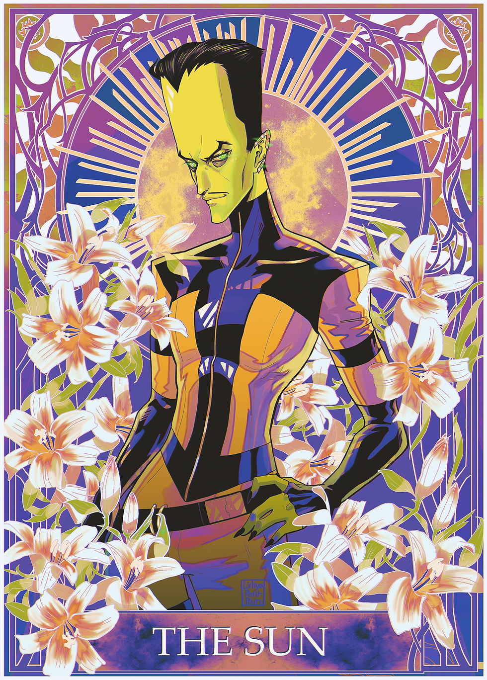 A Samuel Sterns (comics version) / Leader fanart with the Caption "the Sun". He has his hand on his hips, white lilies around him and the Sun behind him. Colors are purple, orange, white and yellow