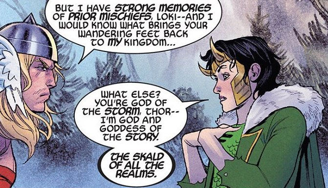 a comics panel of Loki saying "I'm God and Goddess of the story"