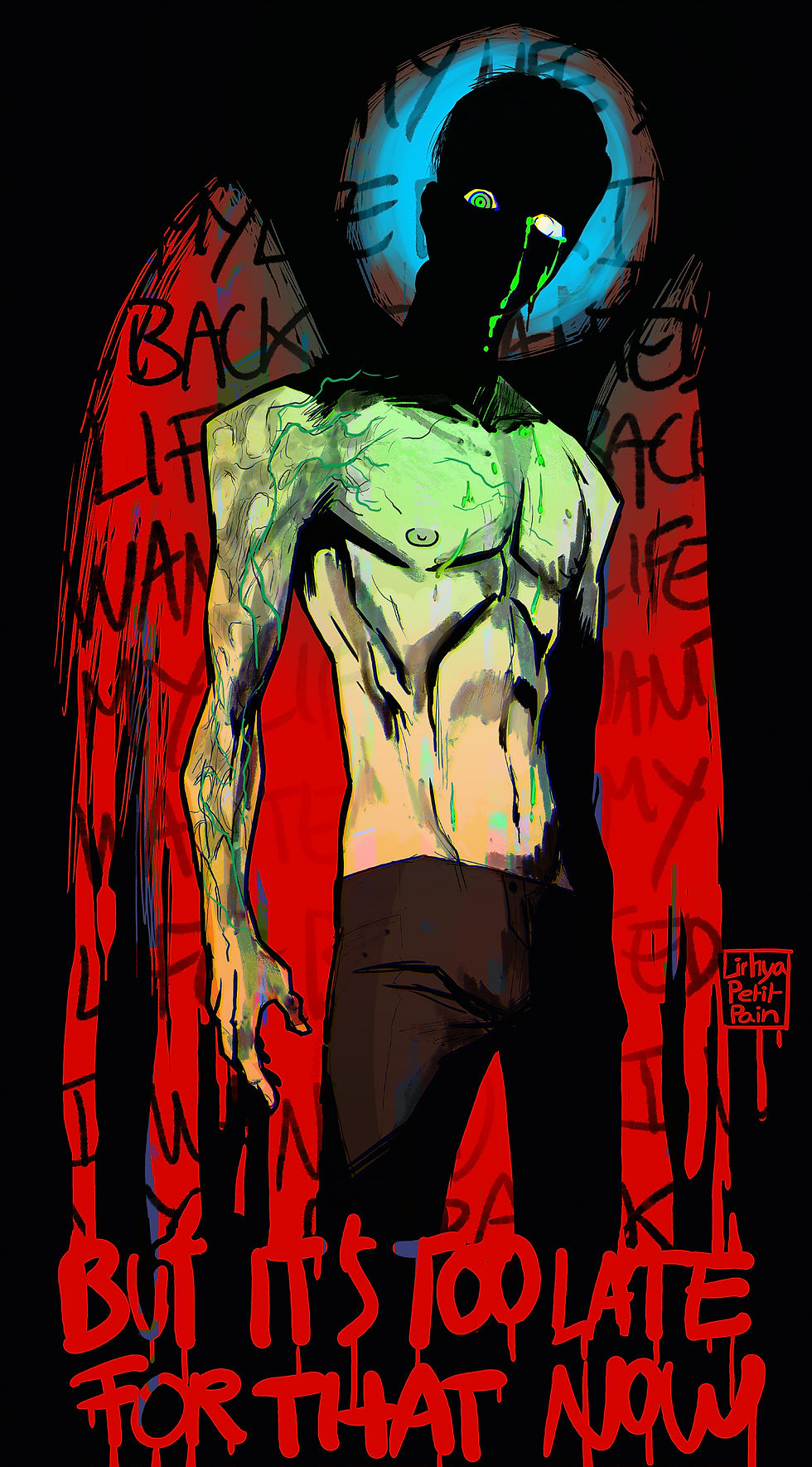 MCU Samuel Sterns (Tim Blake Nelson version from Captain America Brave New World) shirtless with his face in the shadow, only eyes visible. His left white eye is crying green fluid. The background is red with "I wanted my life back" written several time and below everything "but it's too late for that now" in red