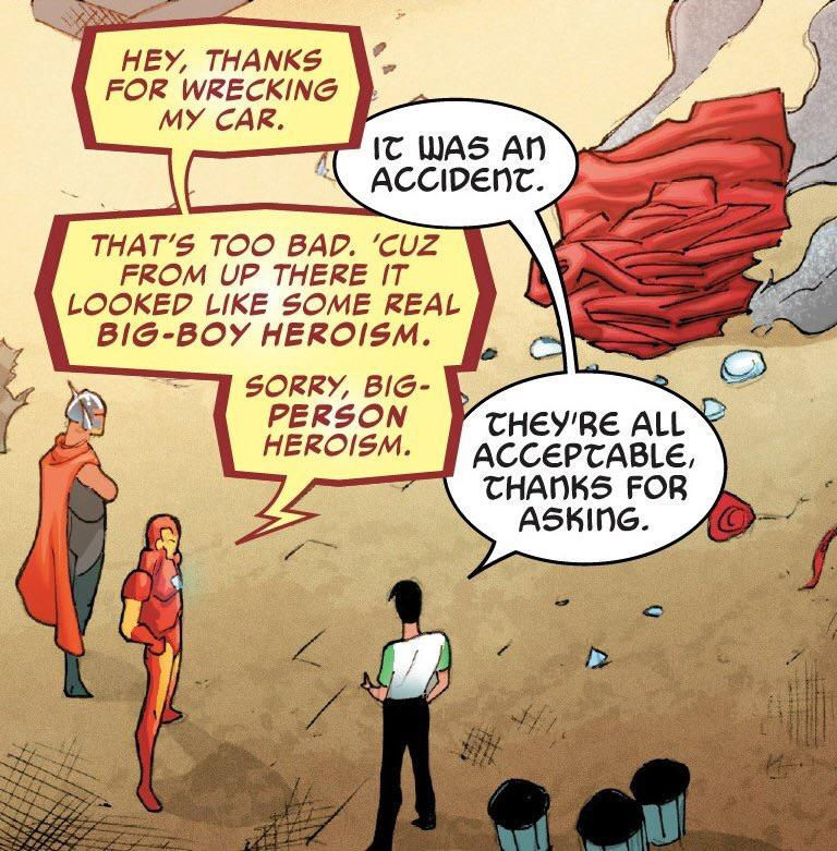 a comics panel of Iron Man calling Loki a big-boy heroism, then apologizing and saying big-person and Loki saying "they're both acceptable"