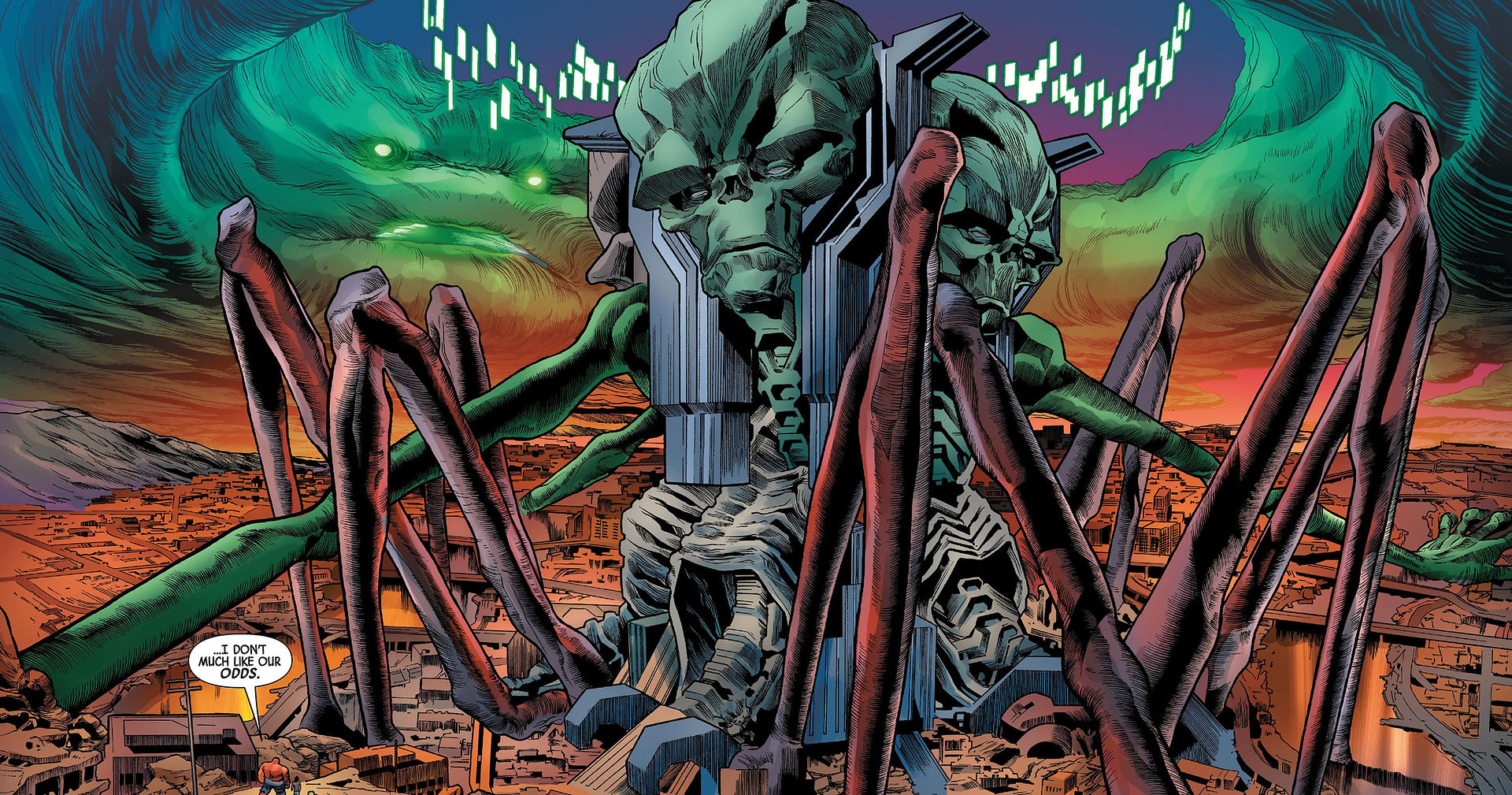 a comics page of a giant Sam building with a few heads and legs and arms and shit