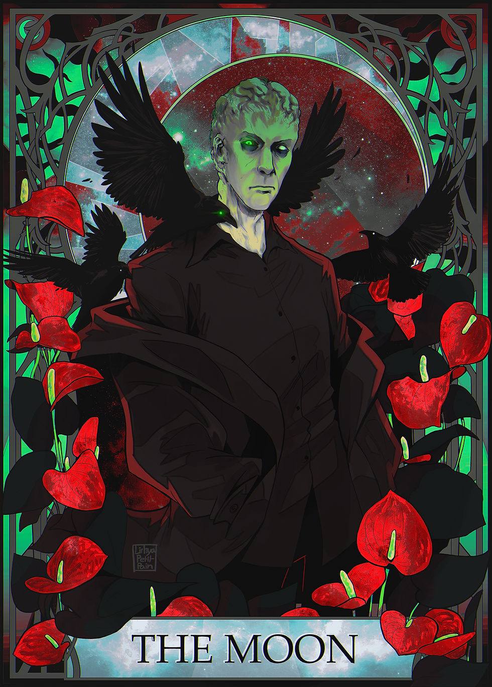 A MCU Samuel Sterns (Tim Blake Nelson version, Captain America Brave New World) fanart with the caption "the Moon". He has his hands in his pocket, a crow on his shoulder, two other flying around him. Red Anthurium around him and a Moon behind him. Colors are mostly red, green and black with a bit of blue in the Moon