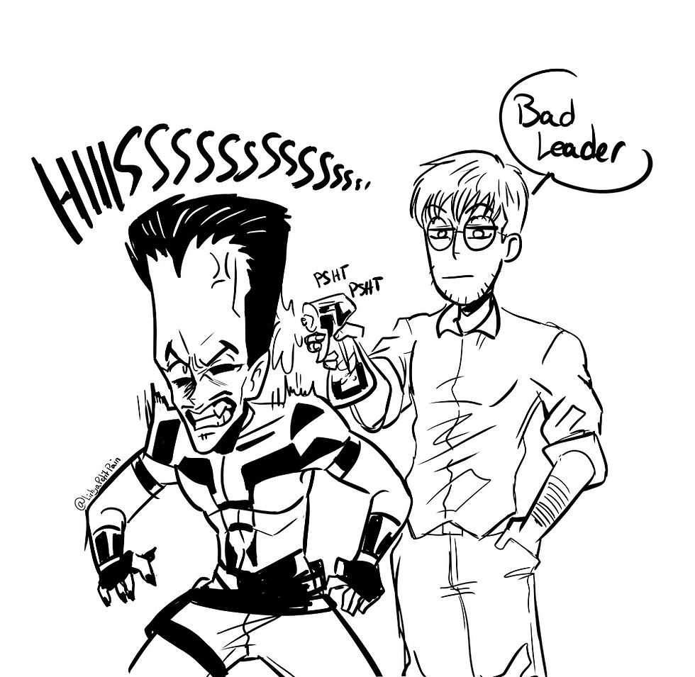 Bruce psht pshting Sam (or whatever it's called) with water like you do with cats and saying "bad Leader" while Sam hiss