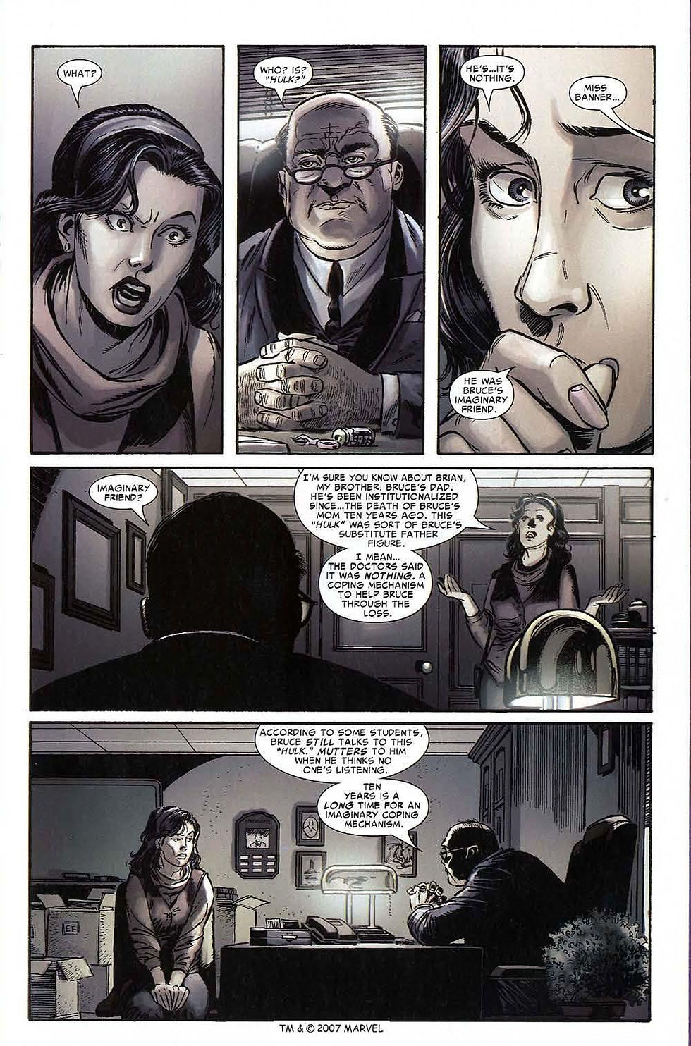 a comics page of Bruce's aunt and school director talking about Bruce's "imaginary friend" Hulk