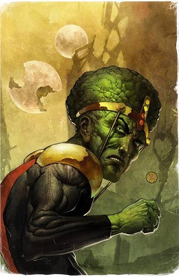 a comics cover of Sam without a mustache with a bald brainish head