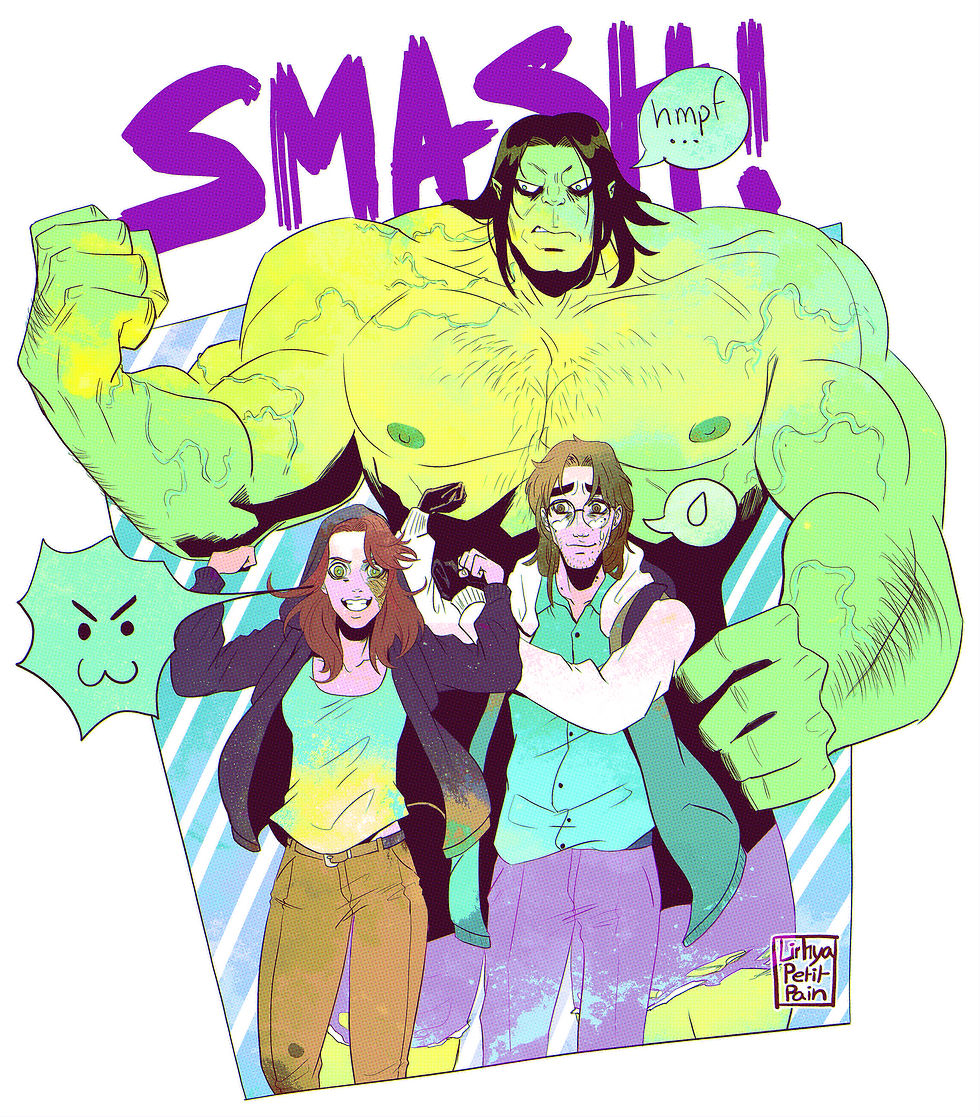 a fanart of Charlie, Bruce and Hulk flexing together with the caption SMASH behind