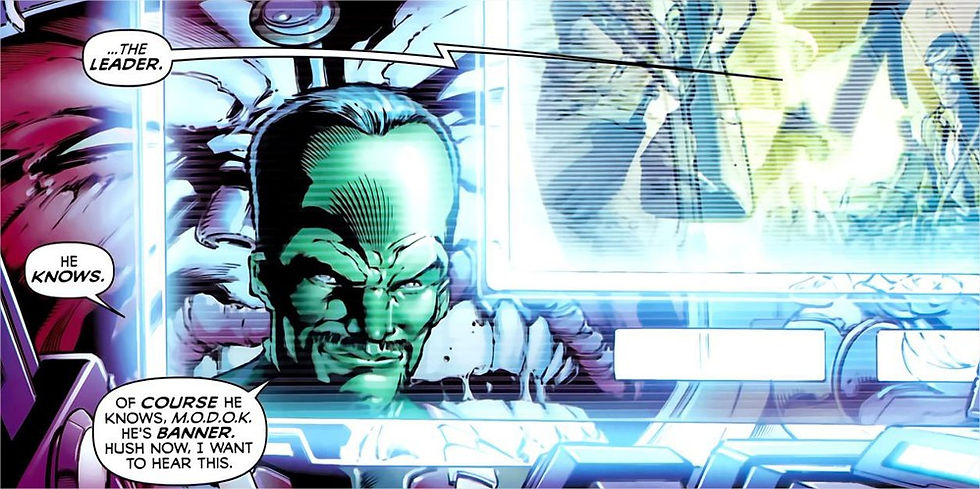 MODOK and Sam spying on Bruce through a video. Bruce "... The Leader", MODOK "he knows" Sam "of course he knows, MODOK, he's Banner. Hush now. I want to hear this."