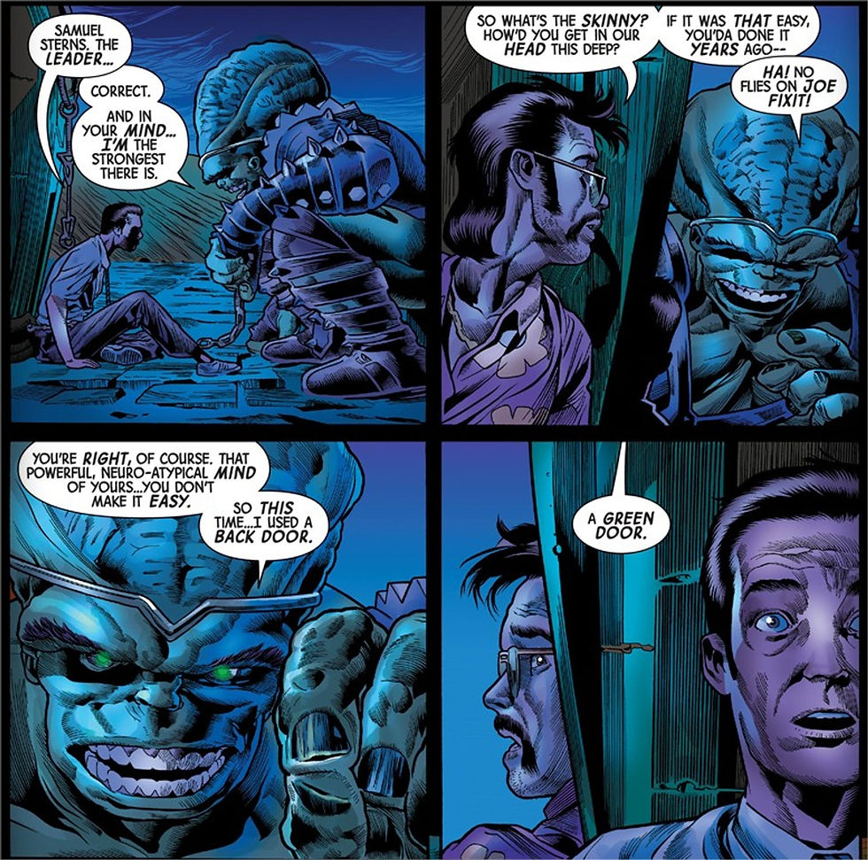 a comics page in Bruce's mindscape. Bruce "Samuel Sterns. The Leader..." Sam "correct. And in your mind... I'm the strongest there is", Joe "so what's the skinny? How'd you get in our head this deep? If it was that easy, you'da done it years ago", Sam "ha! No flied on Joe Fixit! You're right, of course. That powerful, neuro-atypical mind of yours... You don't make it easy. So this time... I used a back door. A green door."