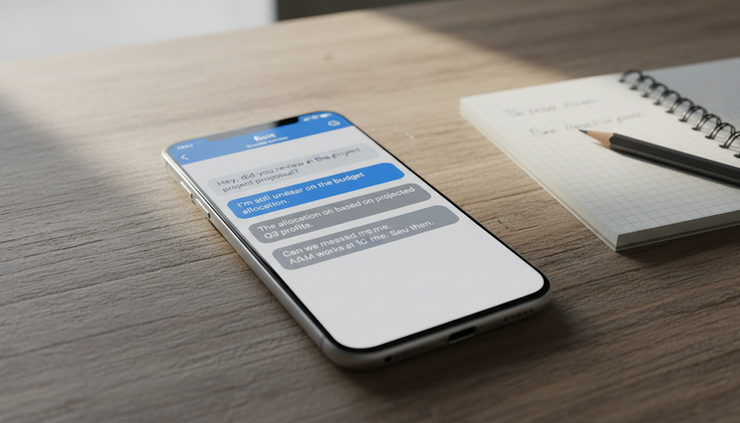 クローズアップでスマートフォンの英語メッセージ画面が表示されている。