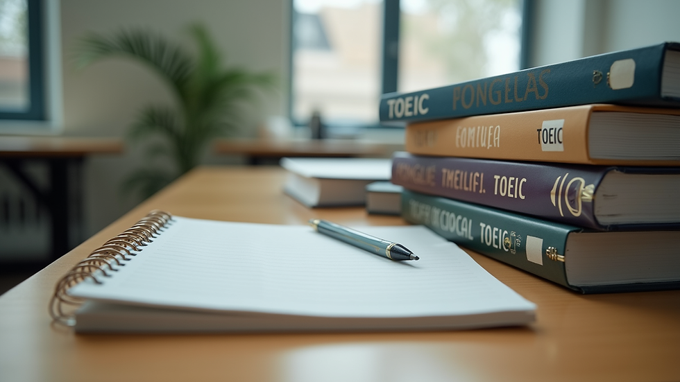 Eye-level view of a study desk with TOEIC textbooks and a notebook