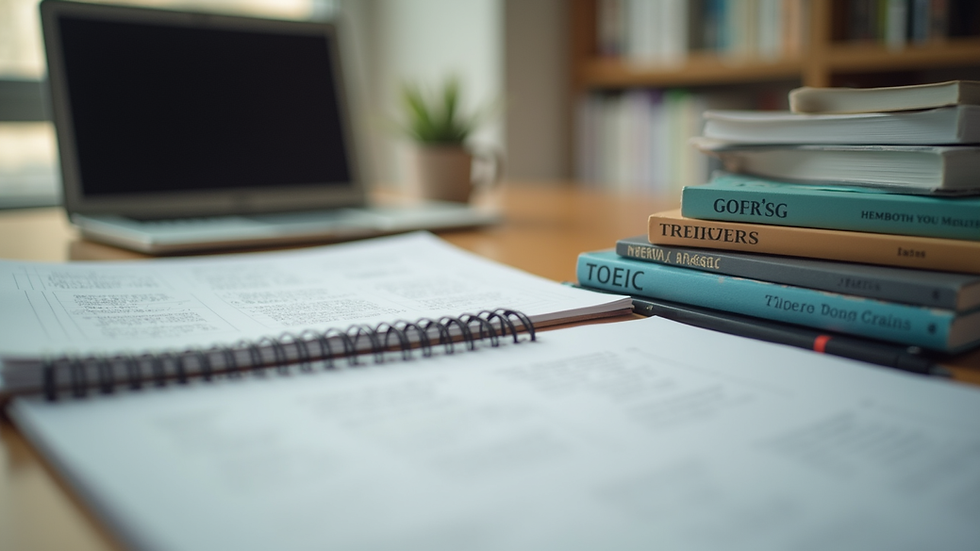 Eye-level view of a study desk with TOEIC preparation books and notes
