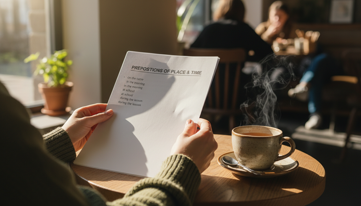 Eye-level view of a person studying grammar examples beside a cup of tea.
