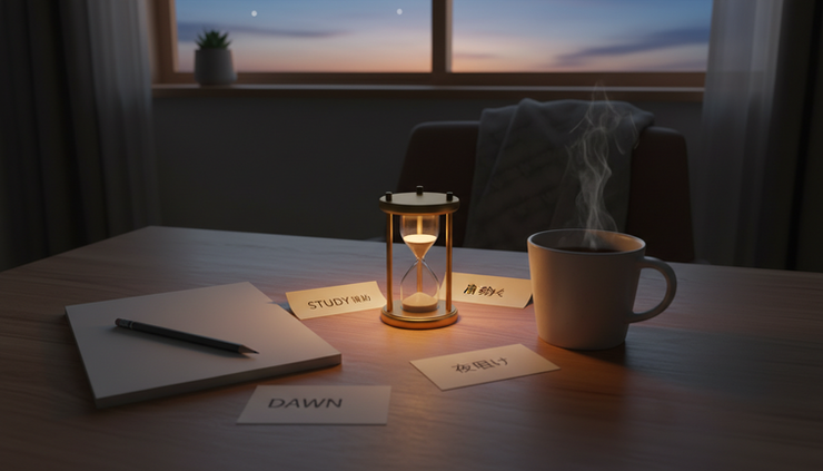 Overhead view of a simple study set with a timer, vocabulary cards, and a mug beside a window before dawn.