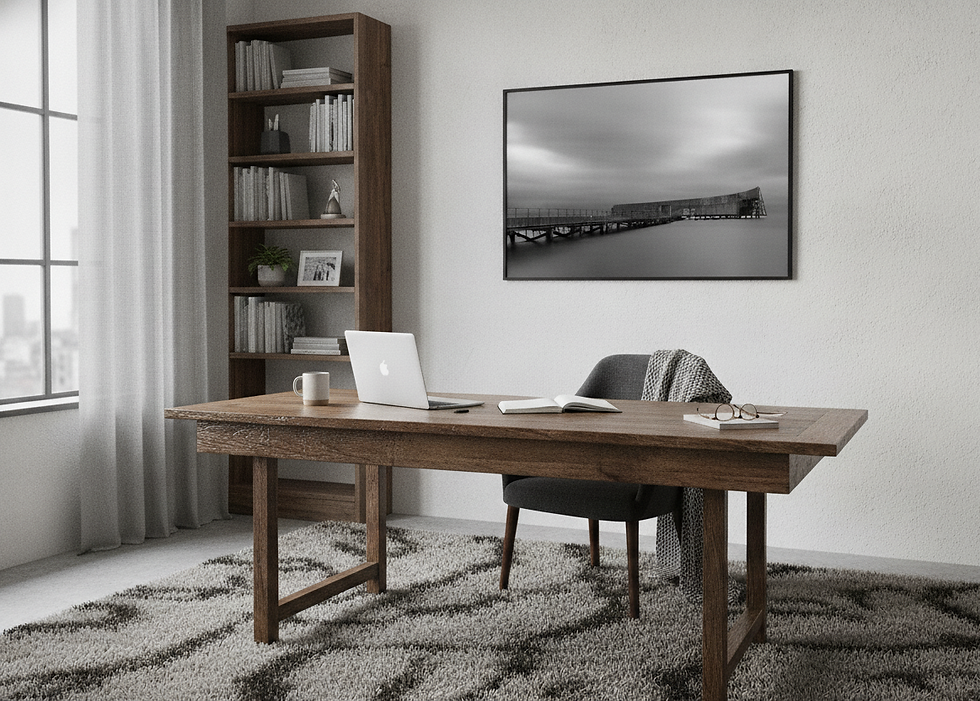 Minimal home office with wooden desk, laptop, mug, open book, chair, bookshelf, and black-and-white wall photo by a window with curtains