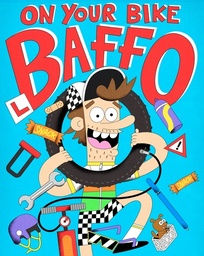 Cartoon boy tangled in bike parts under ON YOUR BIKE BAFFO on a blue background.