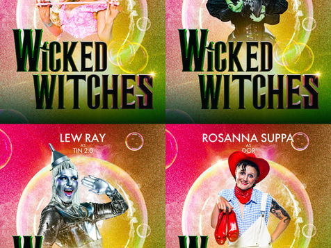 Poster for Wicked Witches divided in quarters each featuring a photo of the main characters/cast