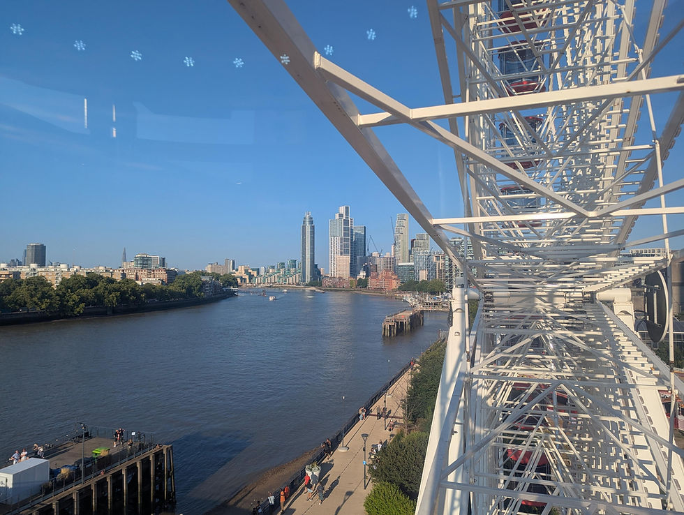 View from a Ferris wheel over a river and city skyline, with white wheel spokes, blue sky, and people strolling along the riverside.