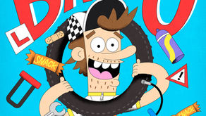 Cartoon boy tangled in bike parts under ON YOUR BIKE BAFFO on a blue background.